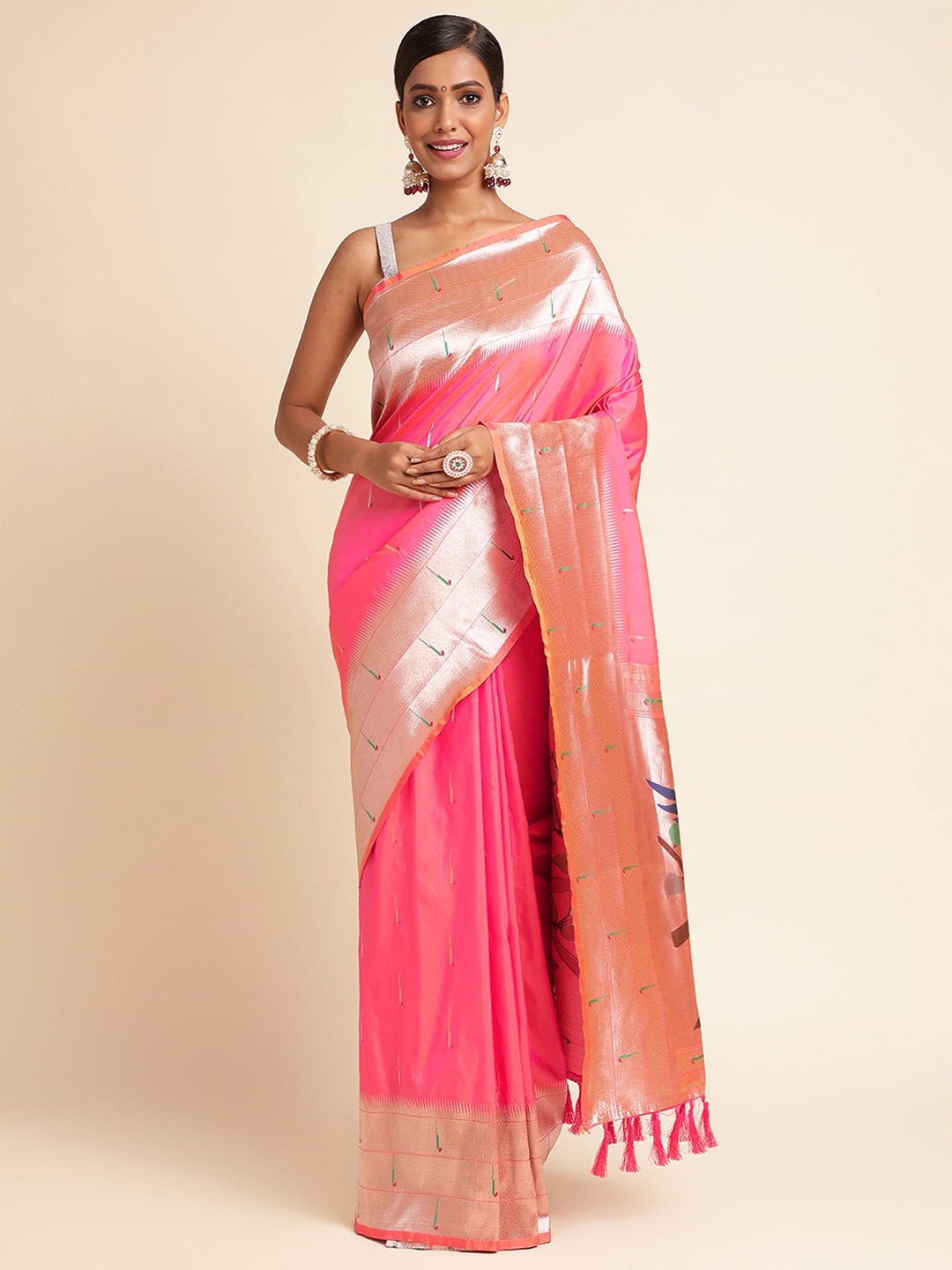 

RAJ DHARMA SILK Ethnic Motifs Woven Design Zari Silk Cotton Paithani Saree, Pink