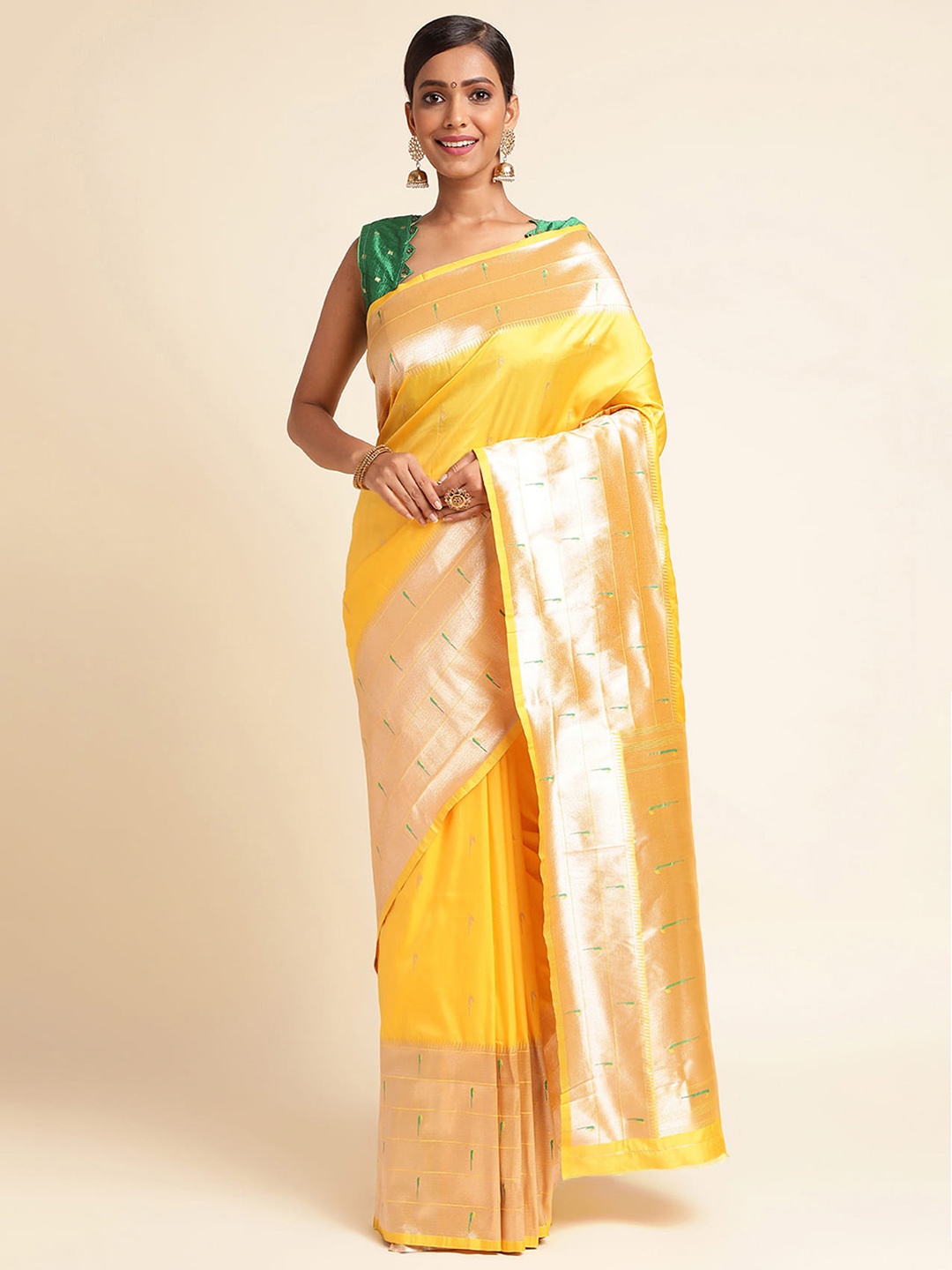 

RAJ DHARMA SILK Ethnic Motifs Woven Design Zari Silk Cotton Paithani Saree, Yellow
