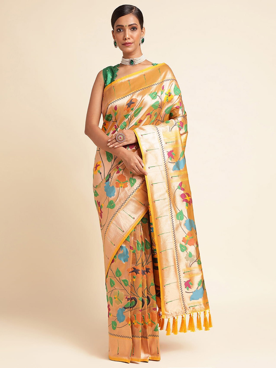 

RAJ DHARMA SILK Floral Woven Design Zari Silk Cotton Paithani Saree, Yellow