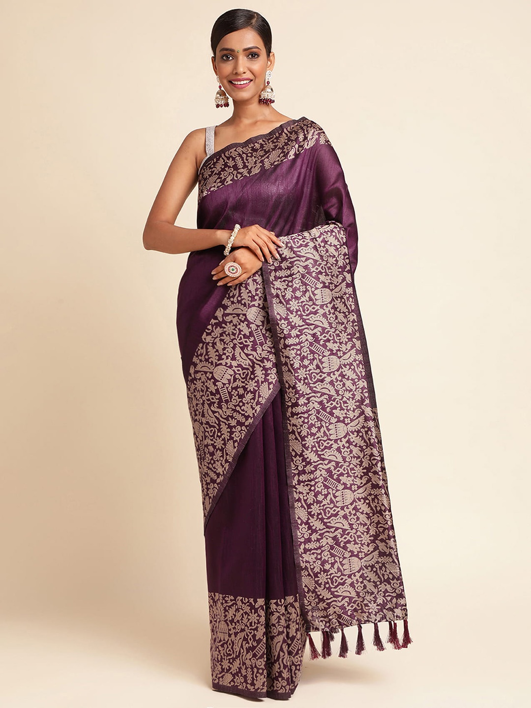 

RAJ DHARMA SILK Ethnic Motifs Woven Design Silk Cotton Kanjeevaram Saree, Purple