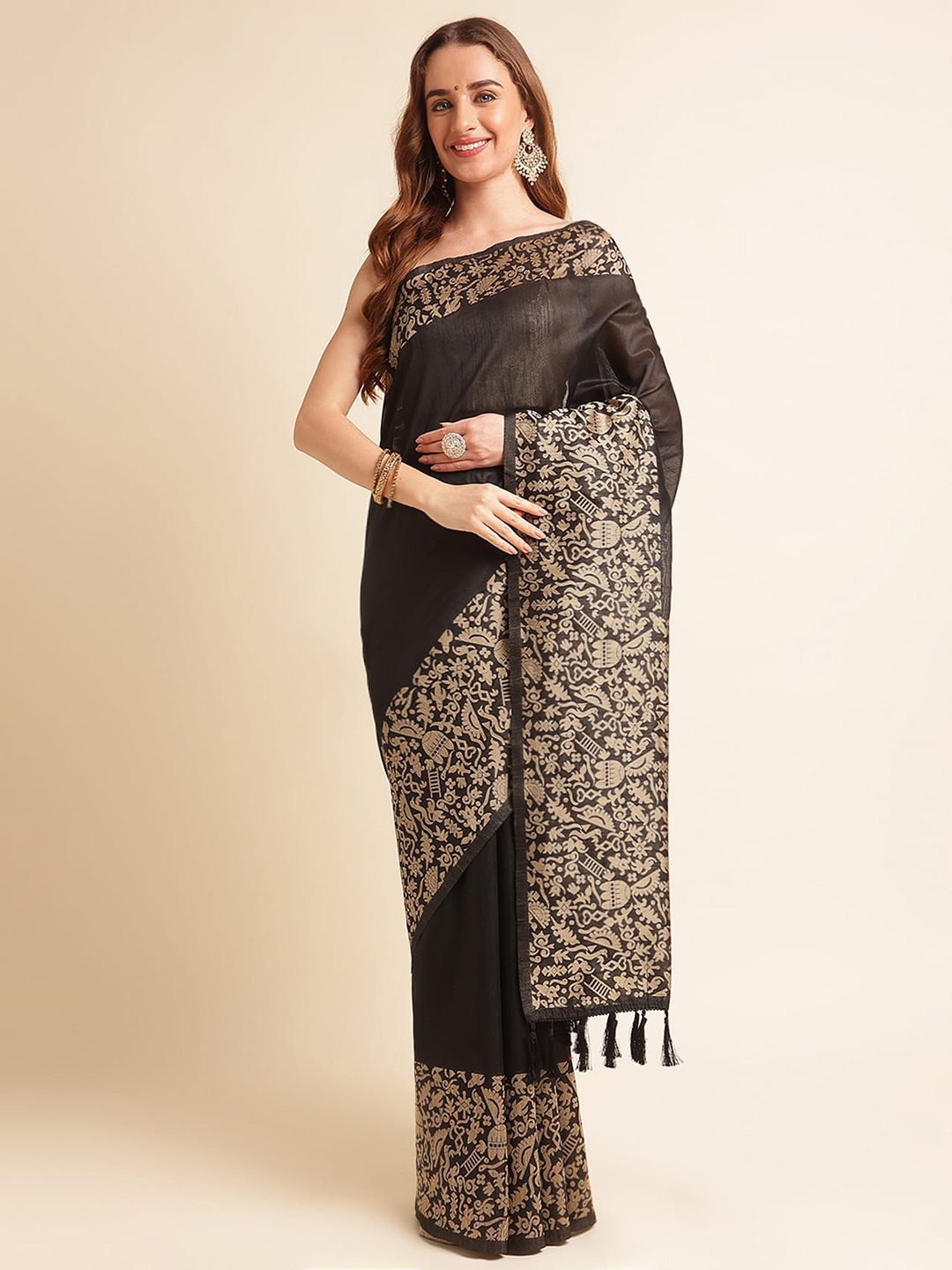 

RAJ DHARMA SILK Kalamkari Woven Design Zari Silk Cotton Saree, Black