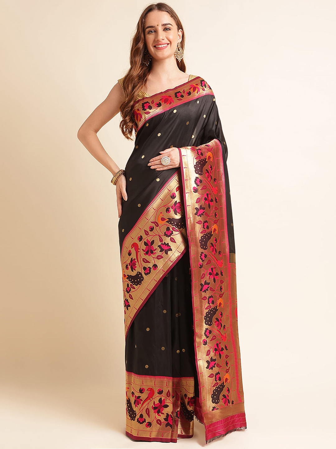 

RAJ DHARMA SILK Ethnic Motifs Woven Design Zari Silk Cotton Paithani Saree, Black