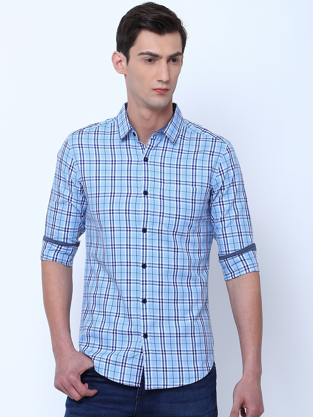 

Black coffee Men Blue Slim Fit Checked Casual Shirt