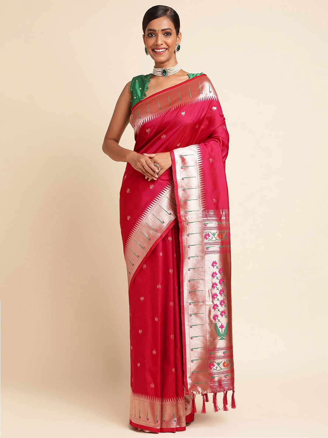 

RAJ DHARMA SILK Ethnic Motifs Woven Design Zari Silk Cotton Paithani Saree, Magenta
