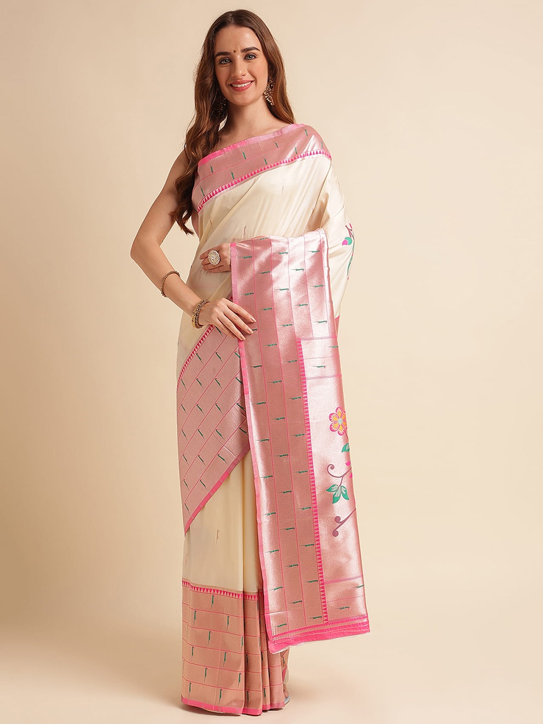 

RAJ DHARMA SILK Ethnic Motifs Woven Design Zari Silk Cotton Paithani Saree, White