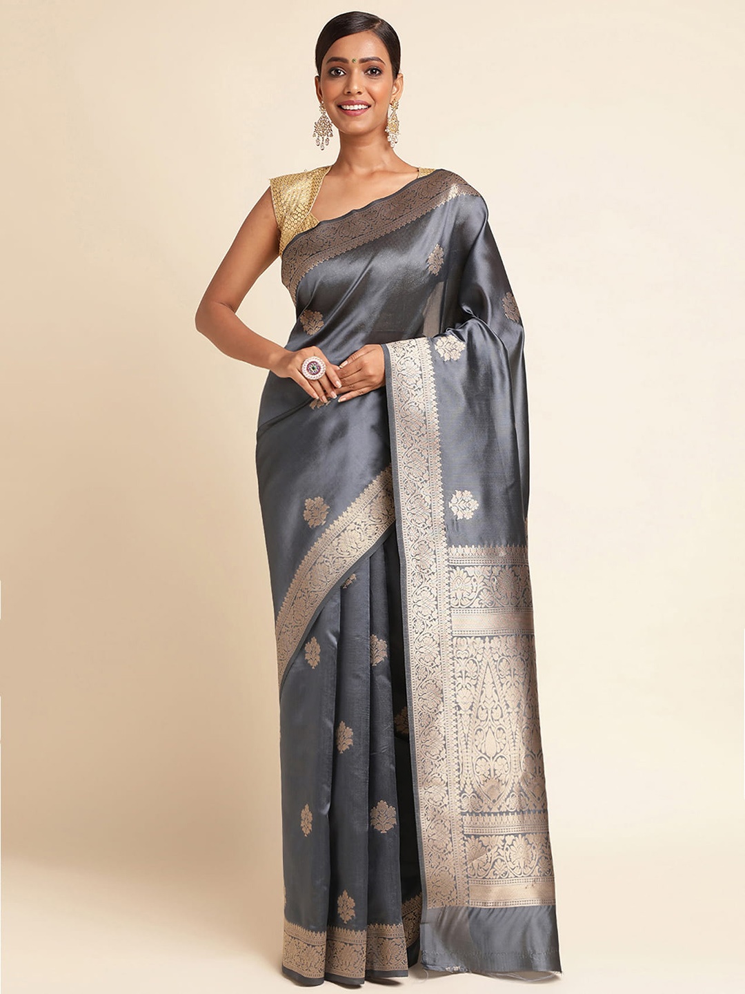 

RAJ DHARMA SILK Ethnic Motifs Woven Design Zari Silk Cotton Kasavu Saree, Grey