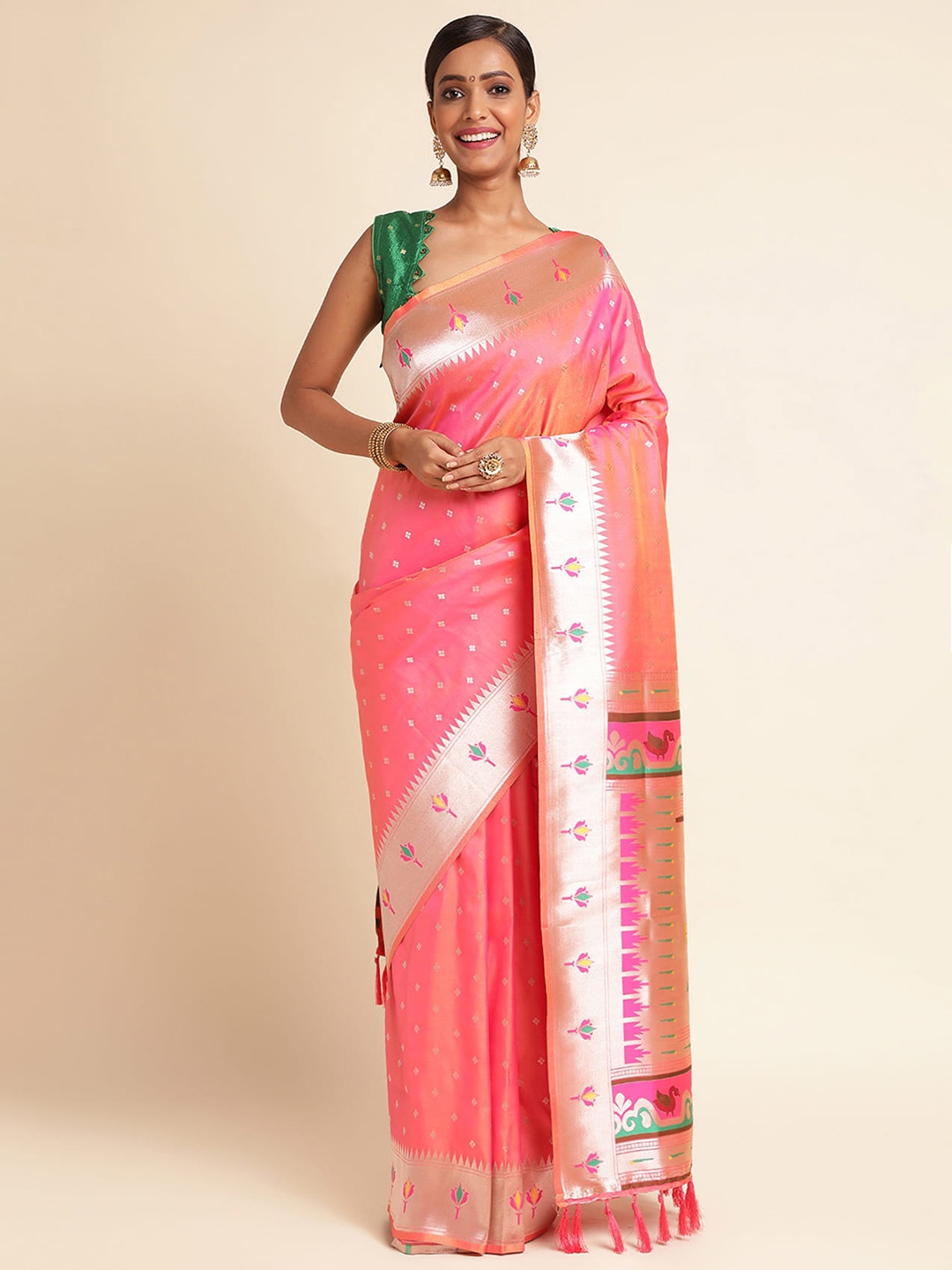 

RAJ DHARMA SILK Ethnic Motifs Woven Design Zari Silk Cotton Paithani Saree, Pink