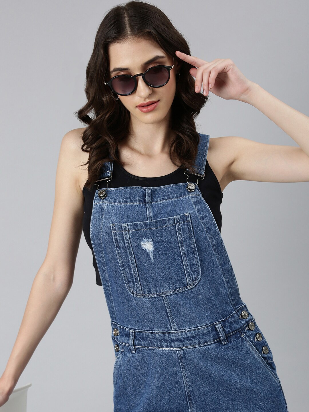 

SHOWOFF Straight Leg Ankle Length Overalls Denim Dungaree, Blue