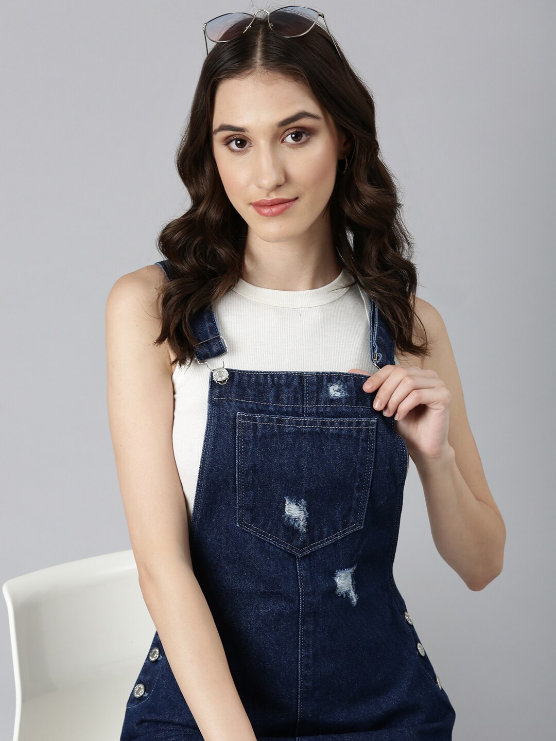 

SHOWOFF Self Design Slim Fit Overalls Denim Dungaree, Navy blue