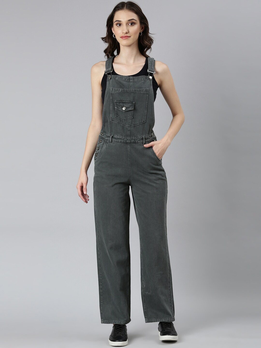

SHOWOFF Straight Leg Ankle Length Overalls Denim Dungaree, Olive