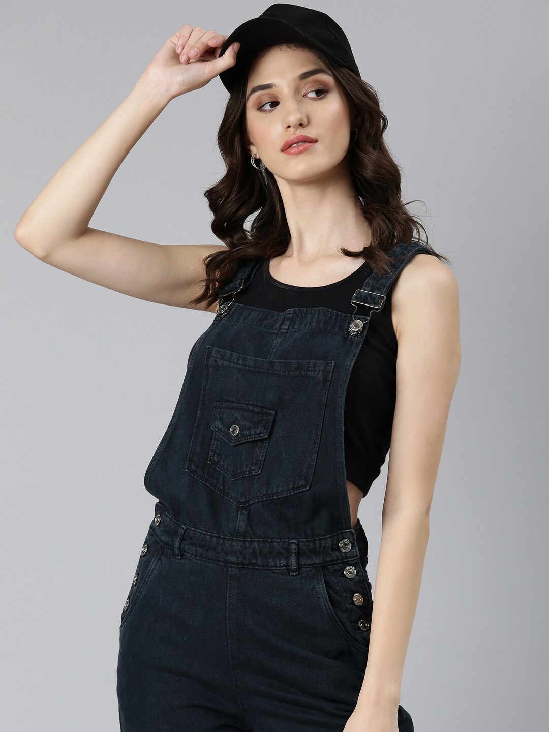 

SHOWOFF Straight Leg Ankle Length Overalls Denim Dungaree, Navy blue