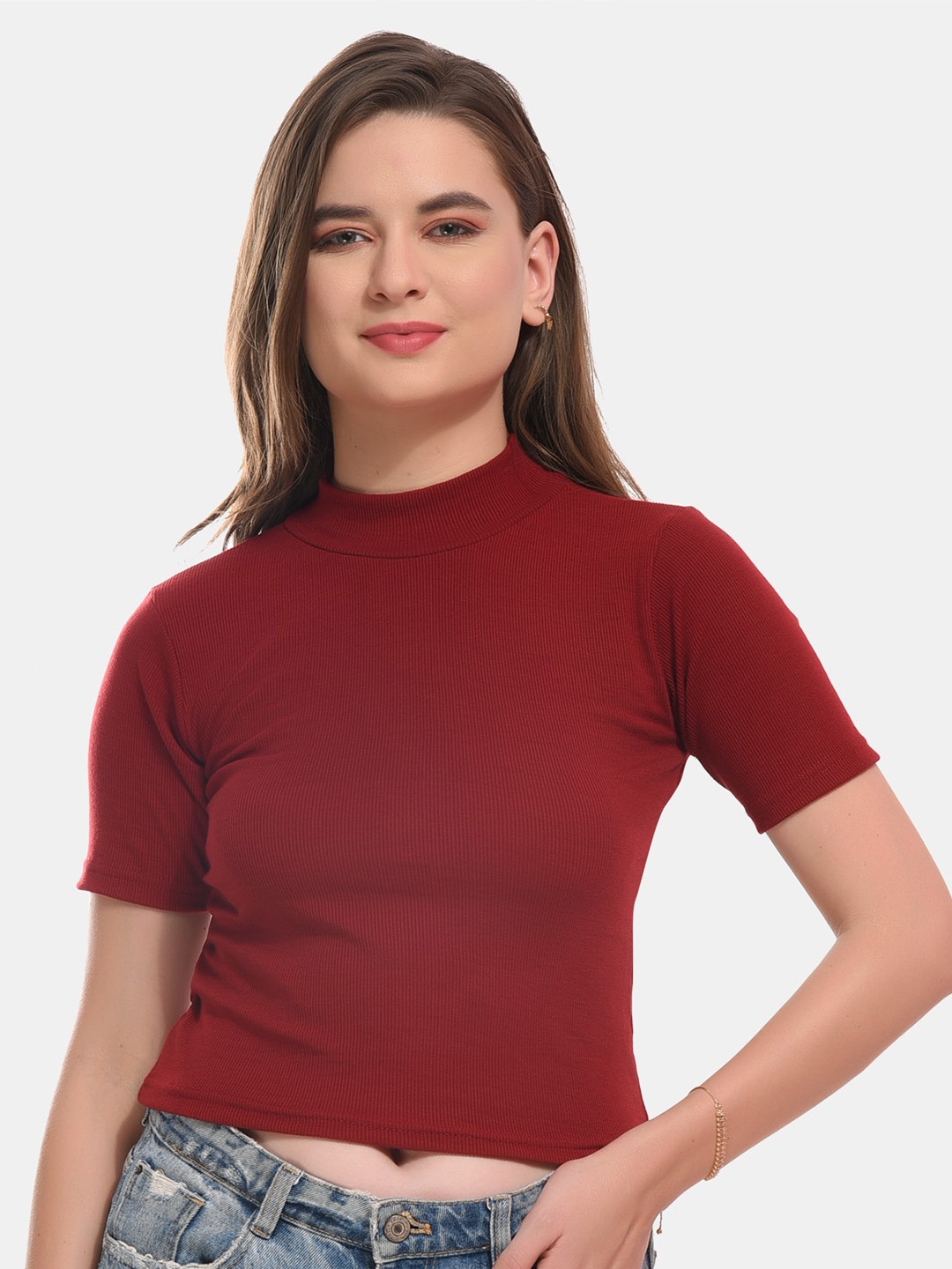 

Boleem High Neck Cotton Crop Fitted Top, Maroon