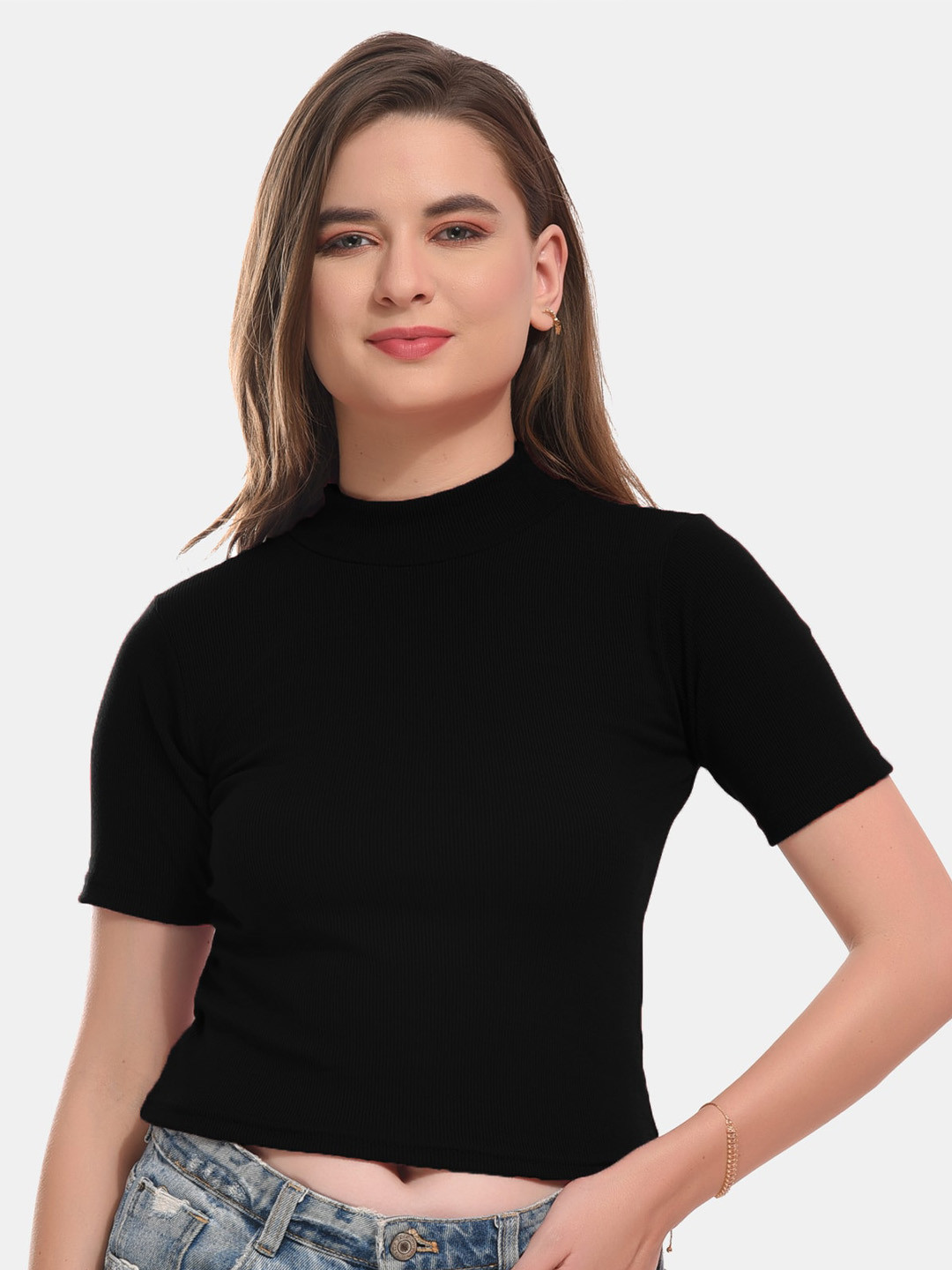 

Boleem High Neck Ribbed Fitted Cotton Top, Black