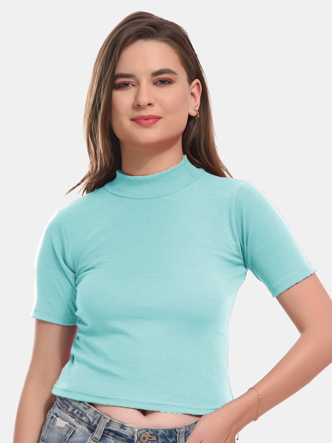 

Boleem High-Neck Cotton Fitted Crop Top, Blue