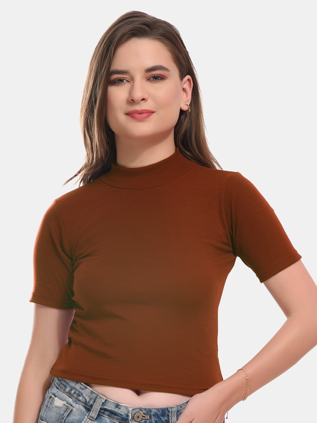 

Boleem Ribbed Cotton Fitted Crop Top, Brown