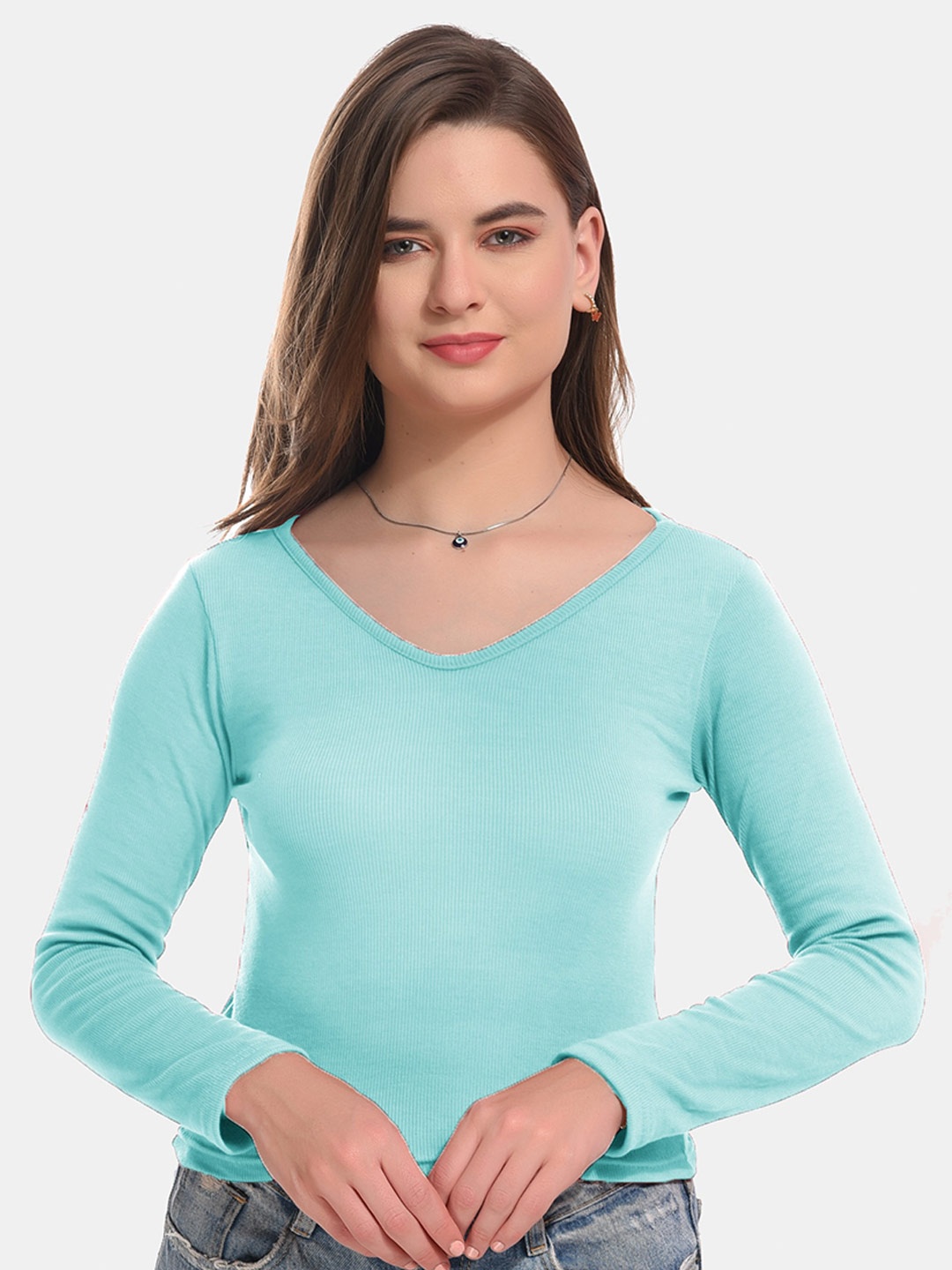 

Boleem Long Sleeves V-Neck Cotton Top, Turquoise blue