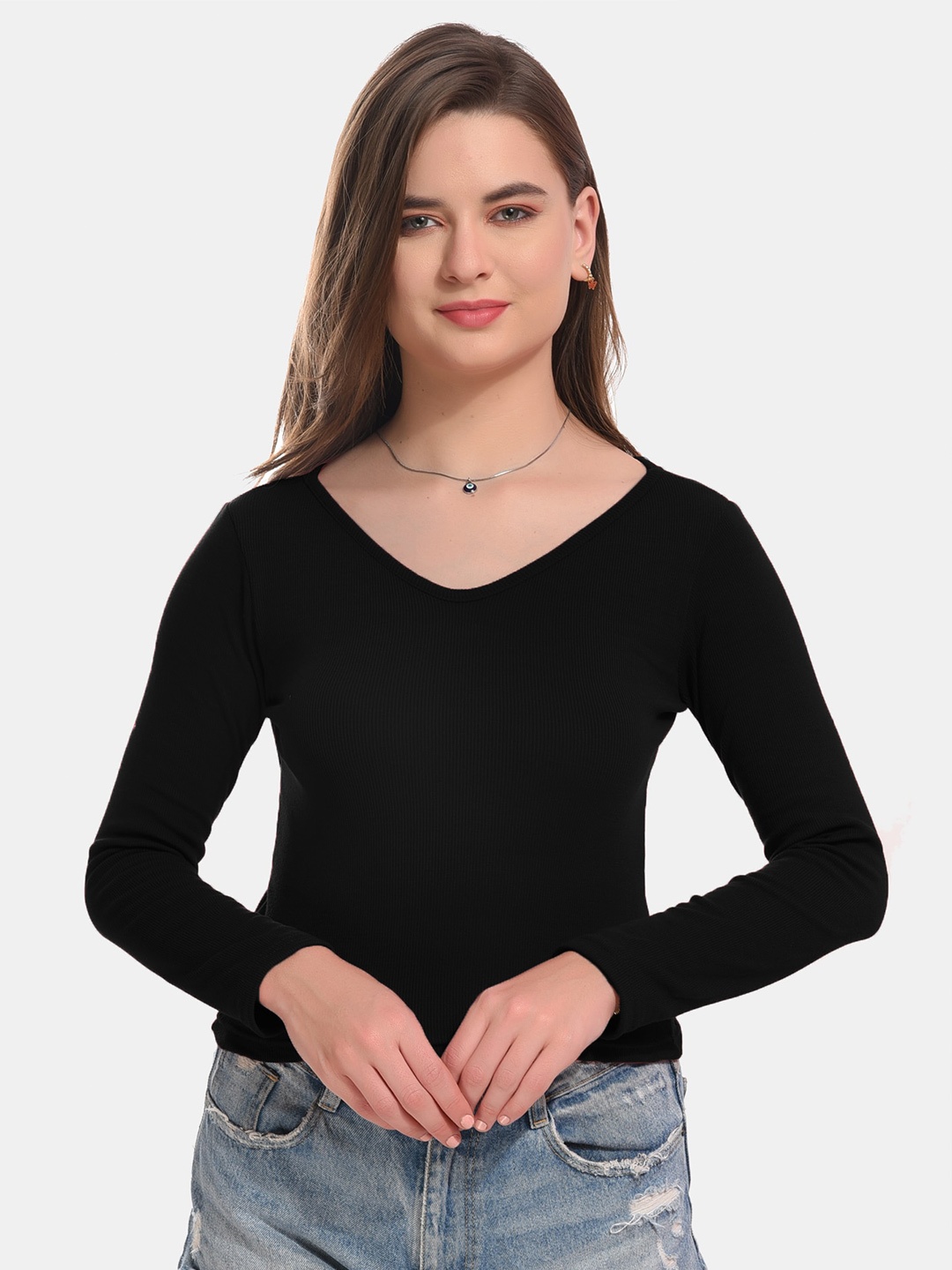 

Boleem Ribbed V-Neck Cotton Top, Black