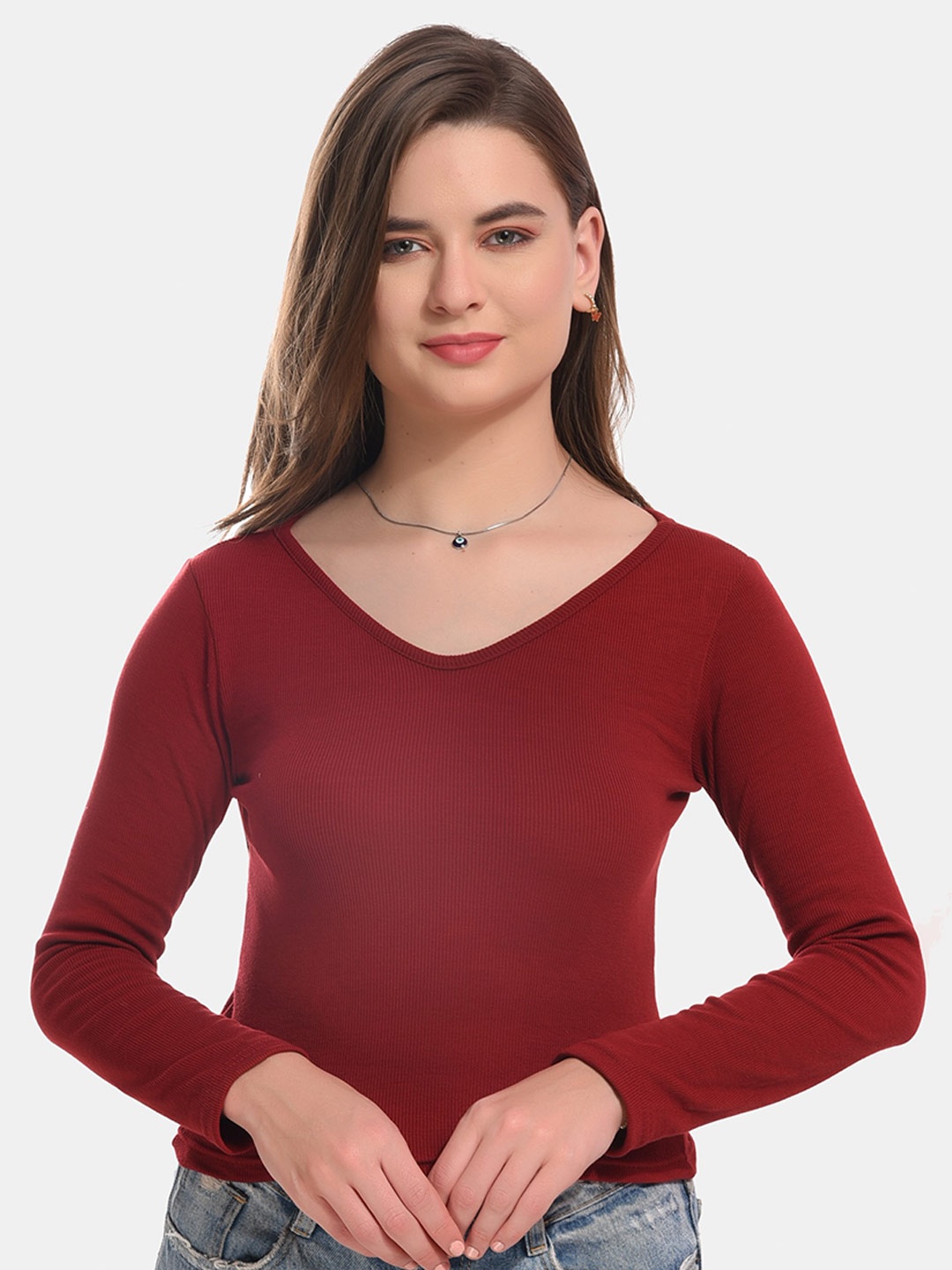 

Boleem V-Neck Cotton Fitted Crop Top, Maroon