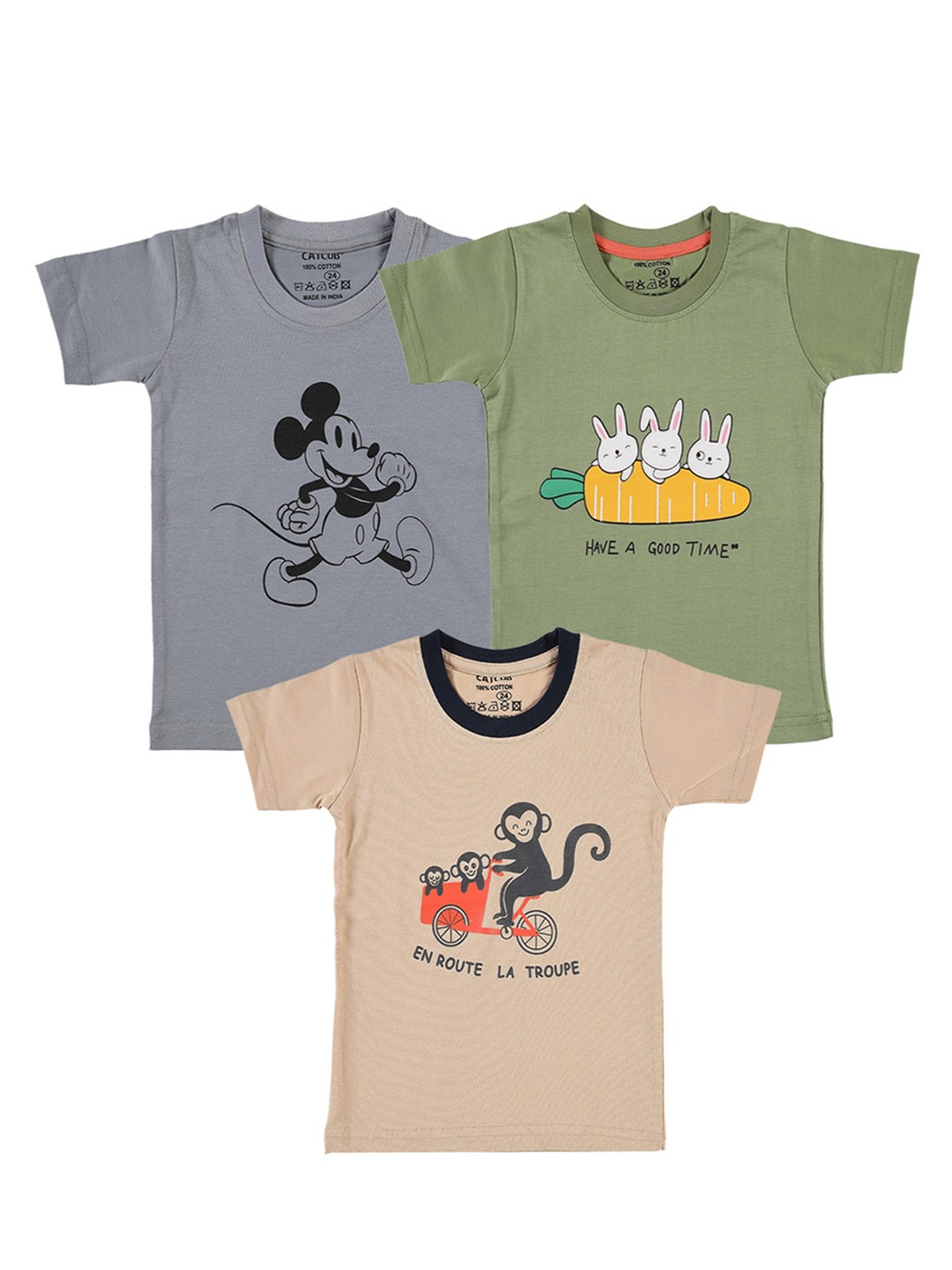 CATCUB Kids Pack Of 3 Graphic Printed Pure Cotton T-shirt, Grey
