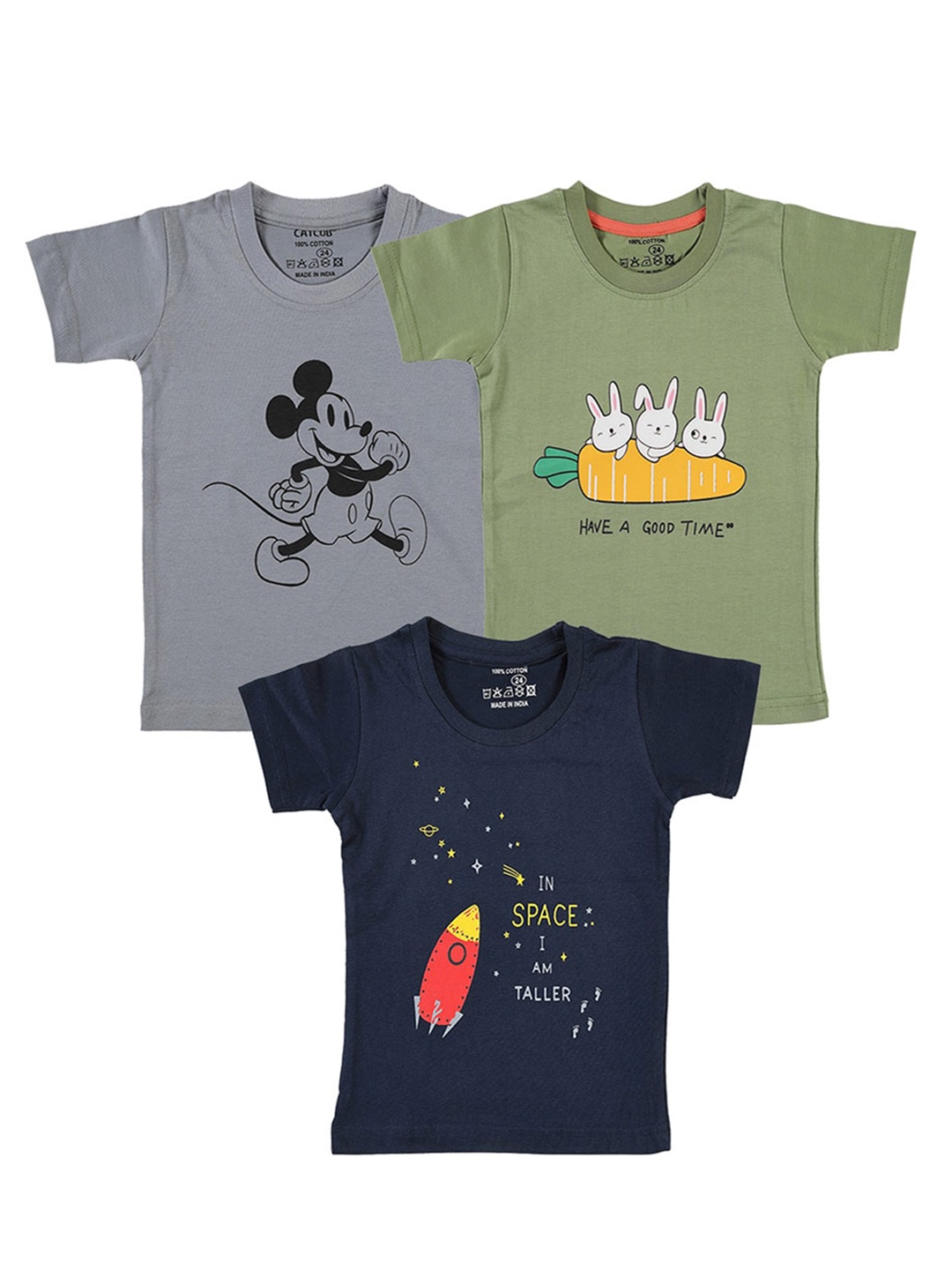 

CATCUB Kids Pack Of 3 Graphic Printed Pure Cotton T-shirt, Green