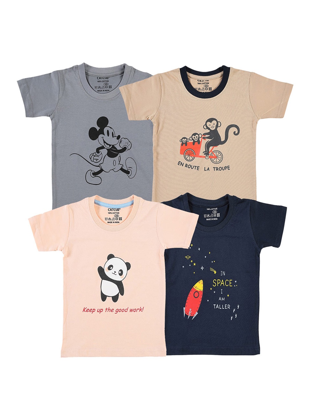 CATCUB Kids Pack Of 4 Graphic Printed Pure Cotton T-shirt, Beige