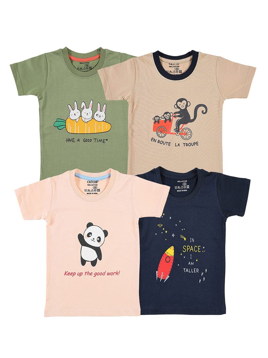 

CATCUB Kids Pack Of 4 Graphic Printed Pure Cotton T-shirt, Green