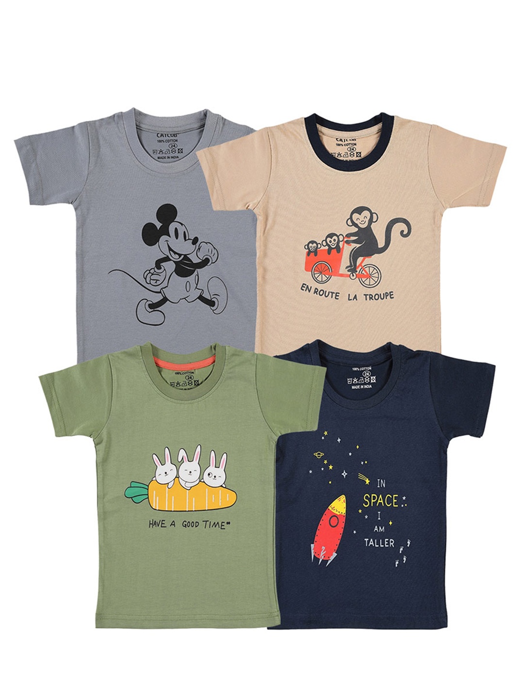 CATCUB Kids Pack Of 4 Graphic Printed Pure Cotton T-shirt, Grey