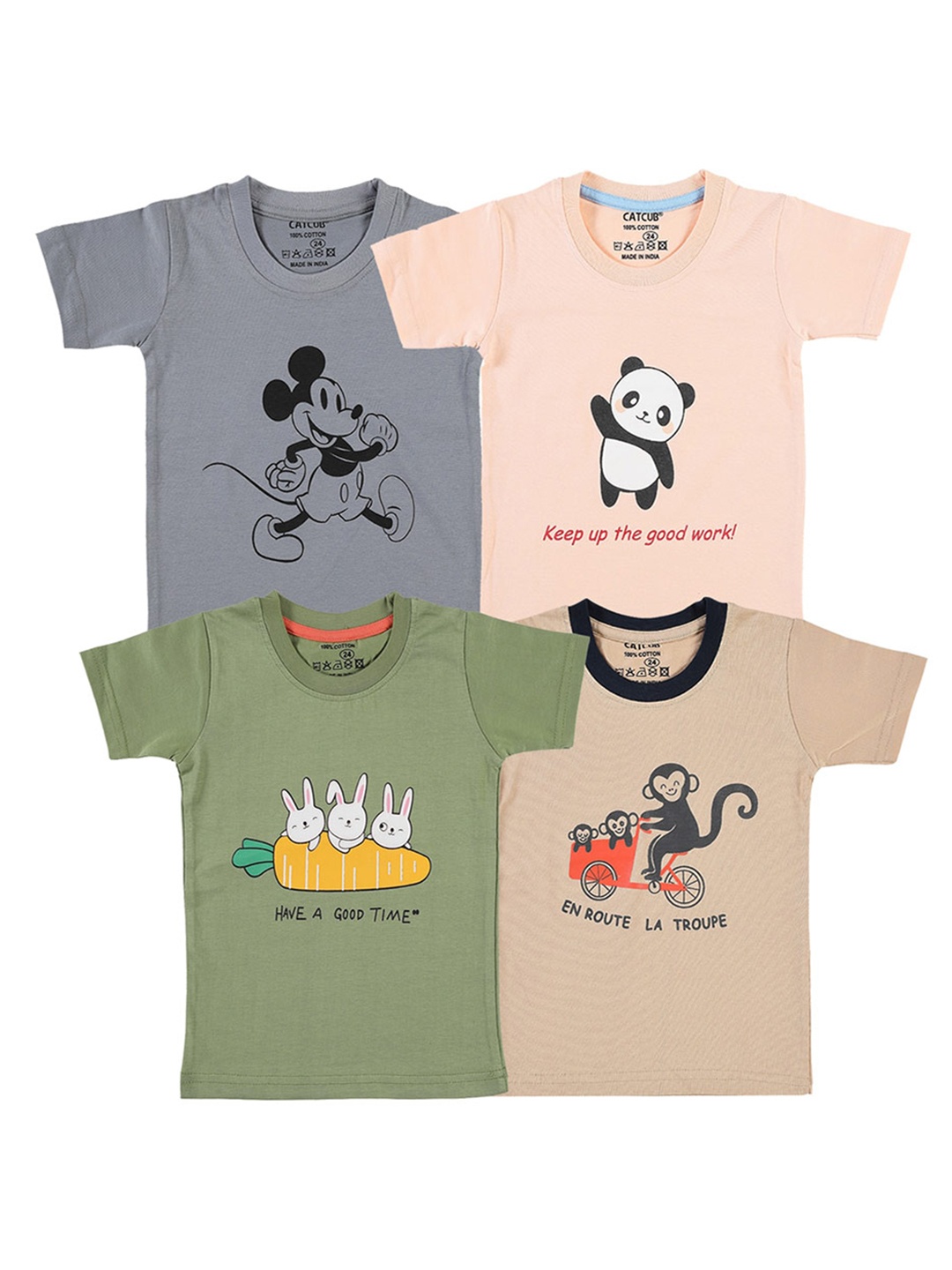 

CATCUB Kids Pack Of 4 Graphic Printed Pure Cotton T-shirt, Grey
