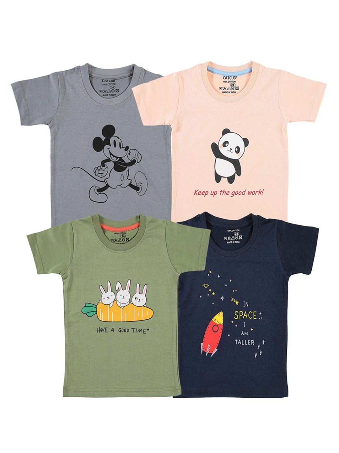

CATCUB Infants Pack Of 4 Graphic Printed Pure Cotton T-shirt, Grey