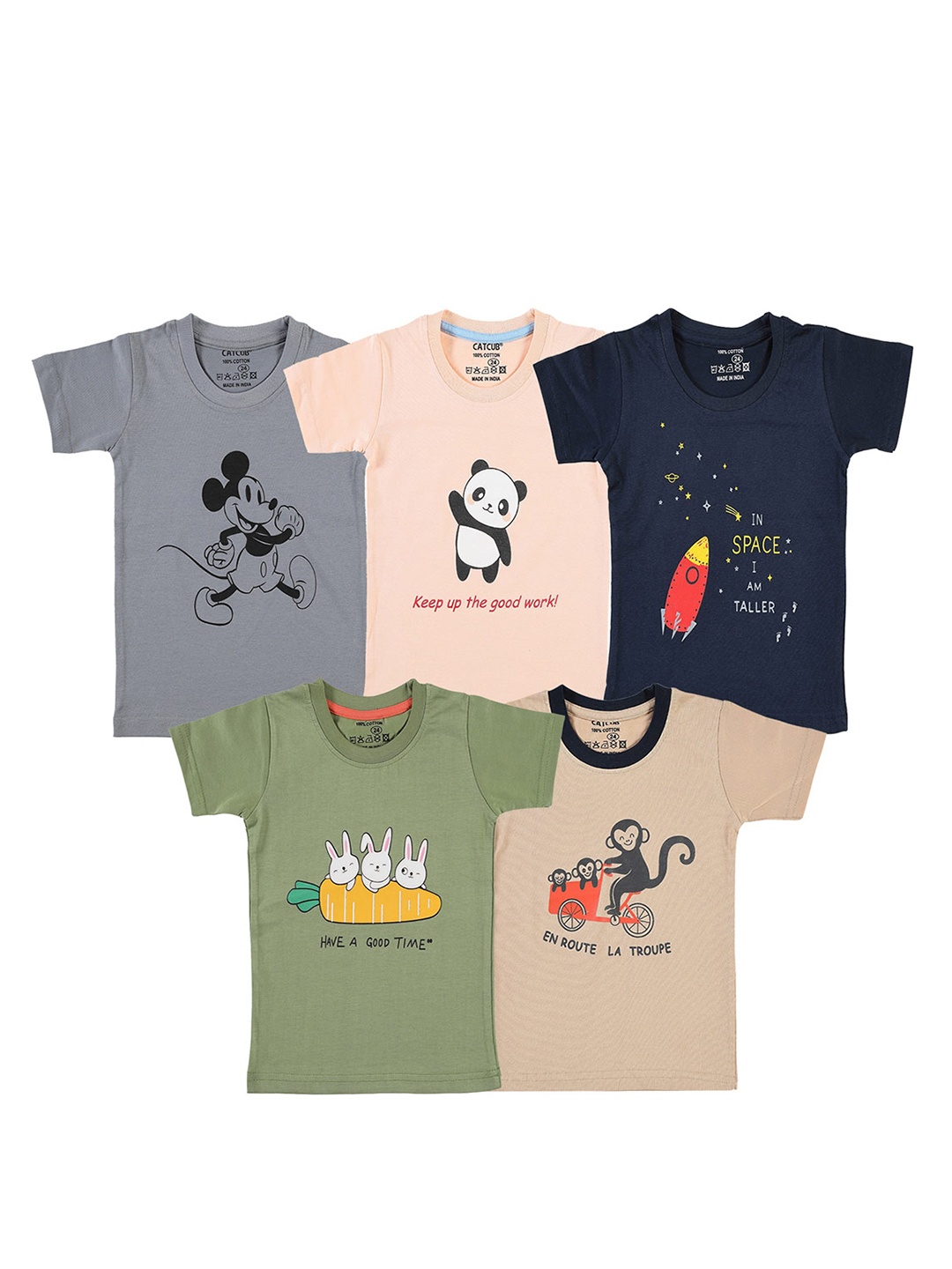 CATCUB Kids Pack Of 5 Graphic Printed Cotton T-shirt, Grey