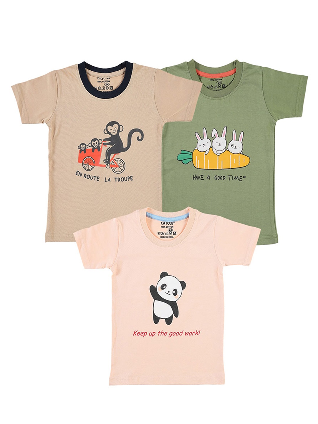 

CATCUB Kids Pack Of 3 Graphic Printed Pure Cotton T-shirt, Green