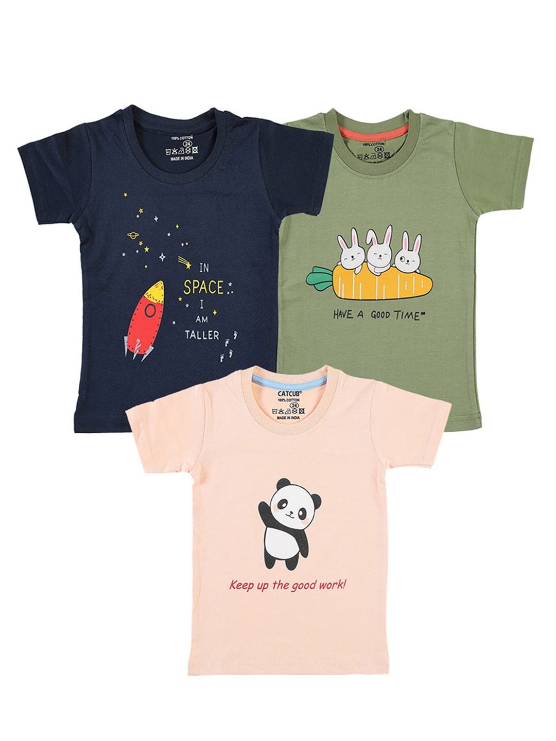 

CATCUB Kids Pack Of 3 Graphic Printed Pure Cotton T-shirt, Green