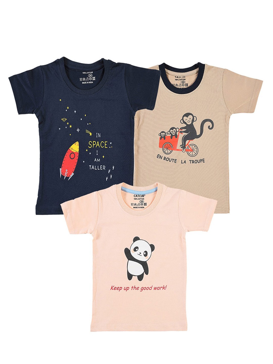 

CATCUB Infants Pack Of 3 Graphic Printed Pure Cotton T-shirt, Beige