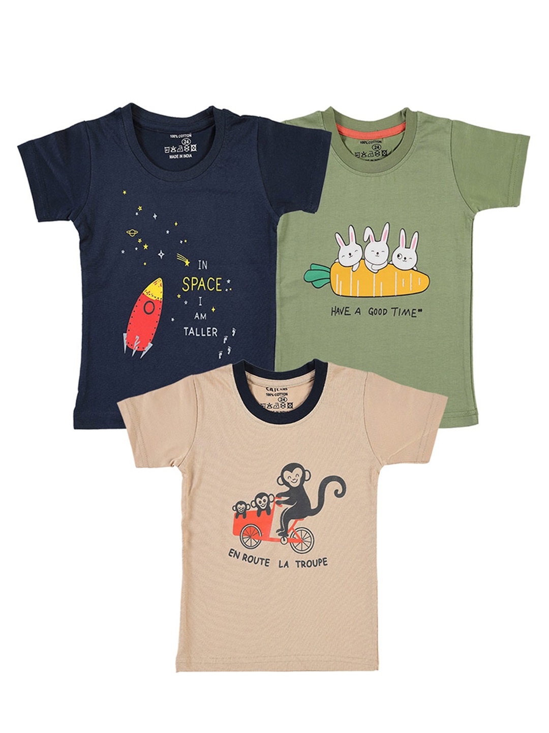 

CATCUB Kids Pack Of 3 Graphic Printed Pure Cotton T-shirt, Green