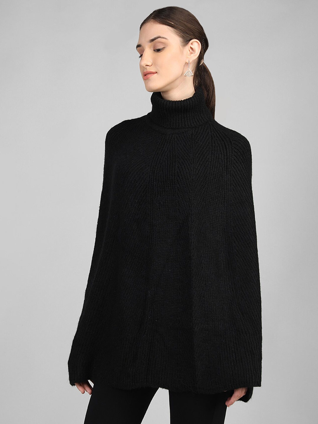 

Rage Turtle Neck Ribbed Long Sleeves Acrylic Poncho, Black