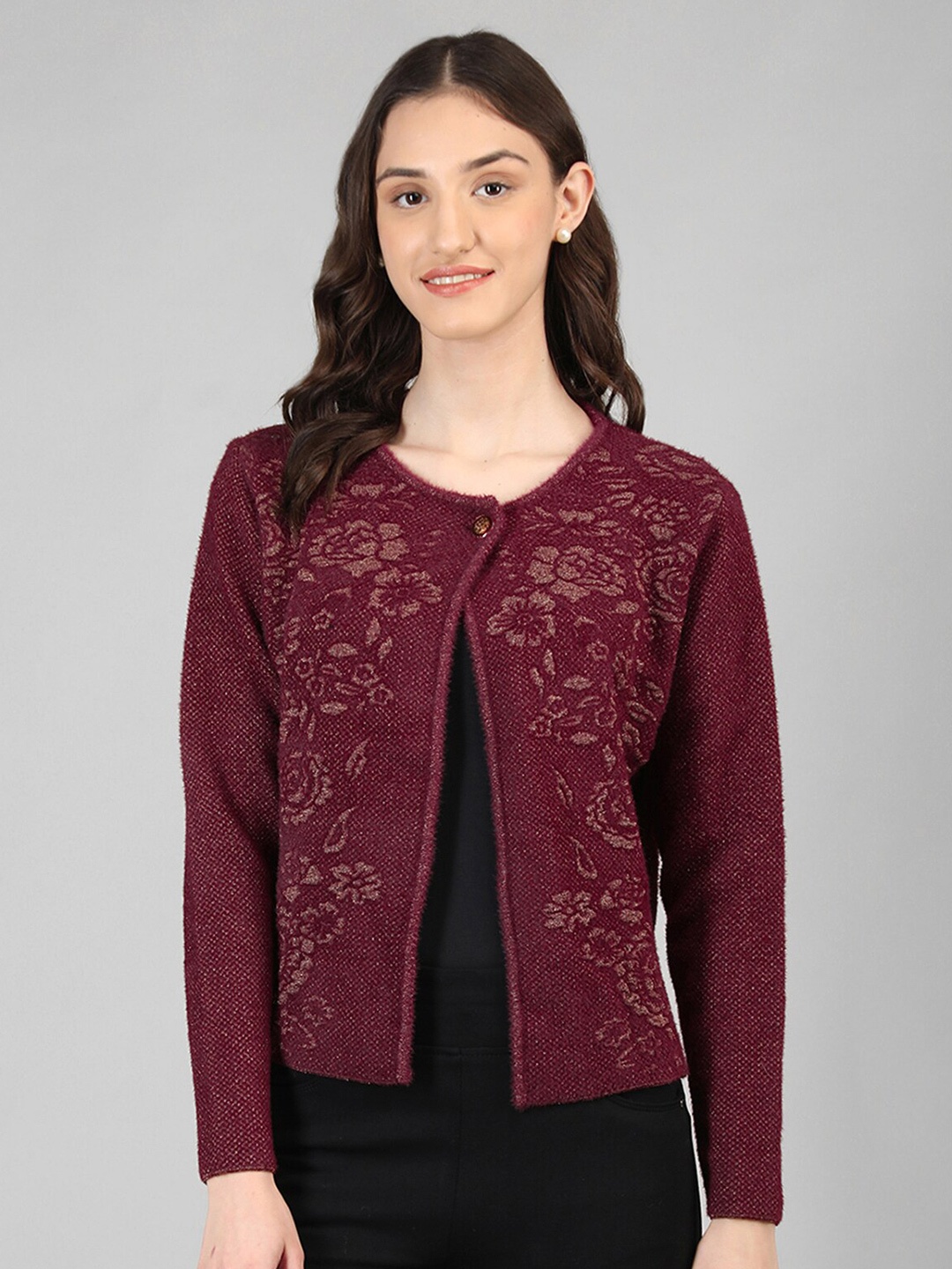 

Rage Floral Self Design Cardigan Sweater, Maroon
