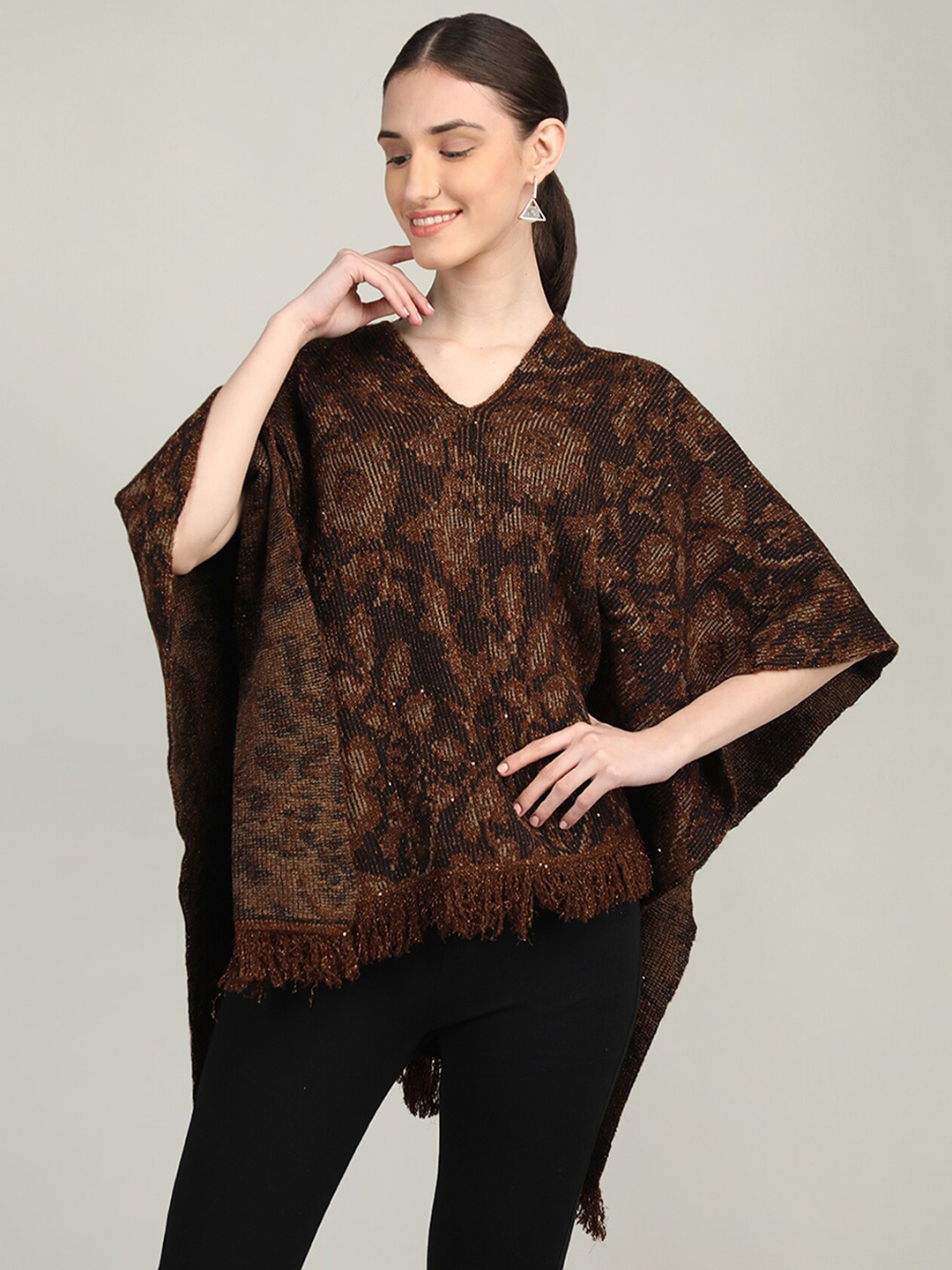 

Rage V-Neck Self Design Acrylic Poncho, Brown