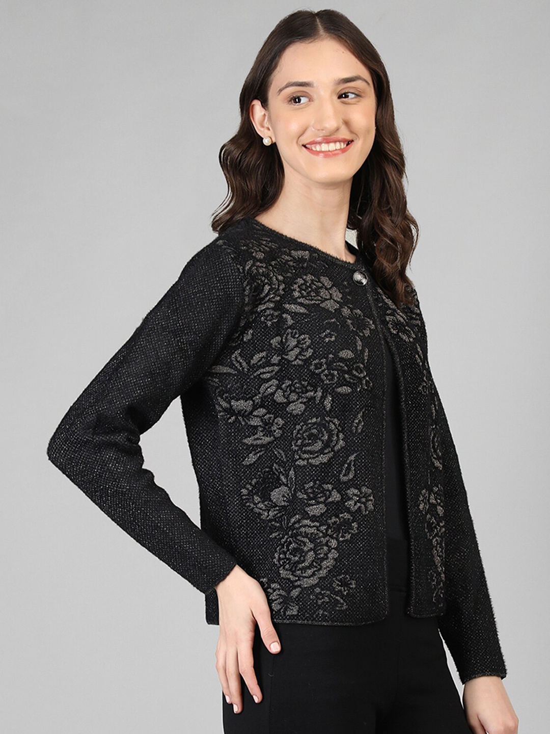 

Rage Floral Self Design Cardigan Sweaters, Black