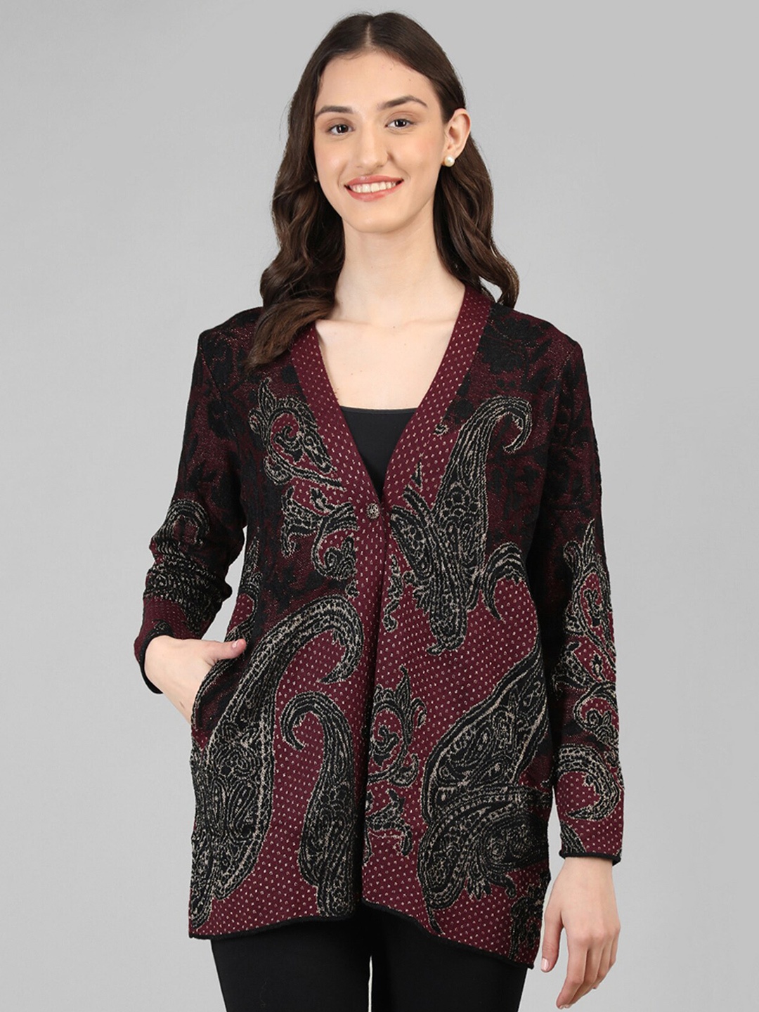 

Rage Ethnic Motifs Printed Acrylic Cardigan, Black