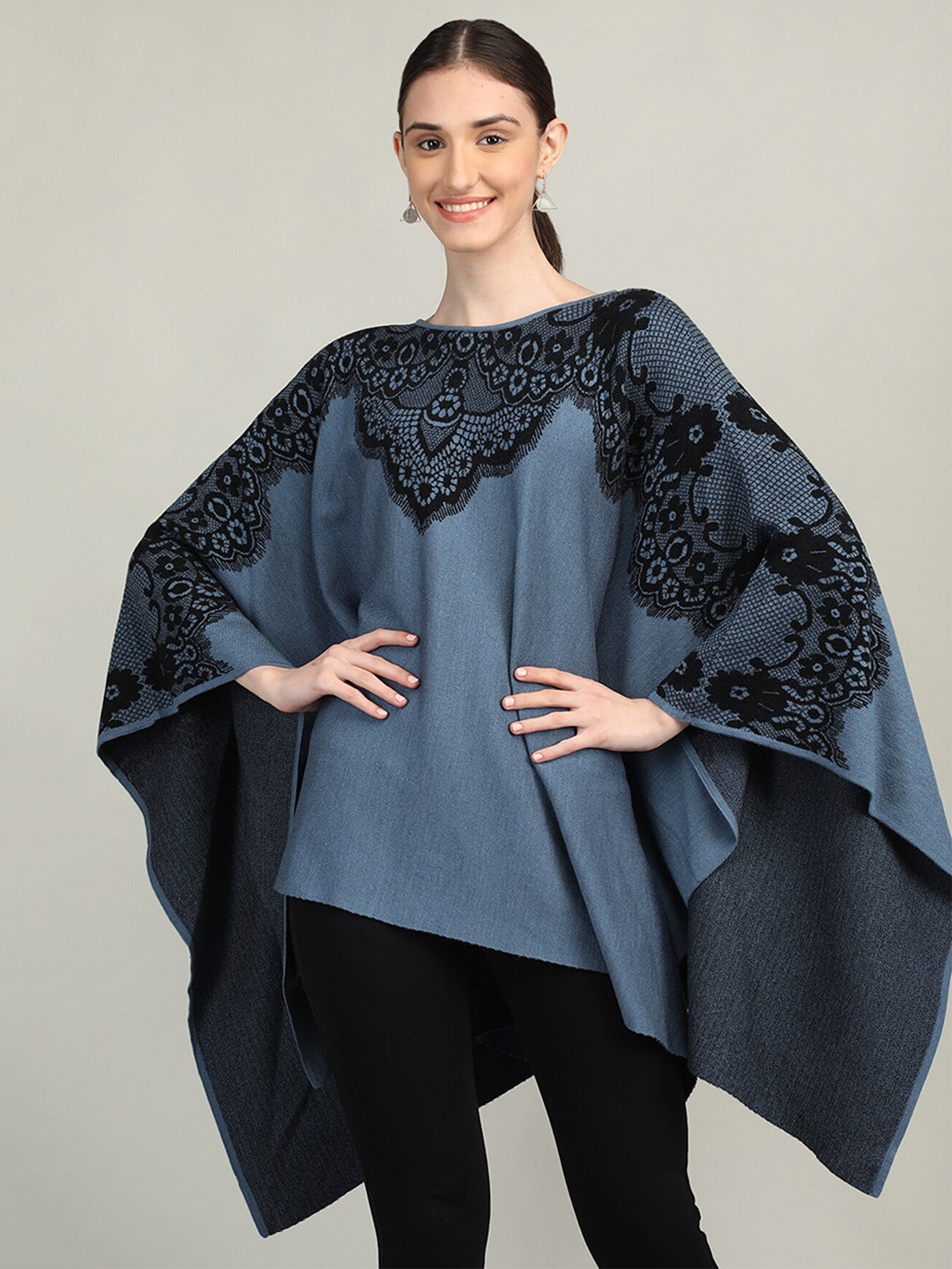 

Rage Floral Printed Acrylic Poncho, Blue
