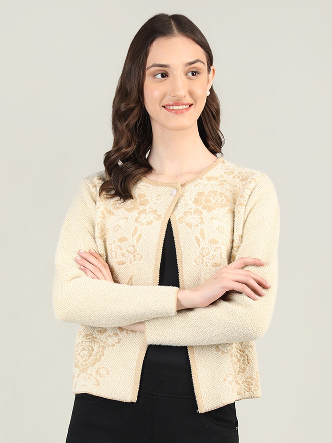 

Rage Floral Self Design Acrylic Cardigan, Cream