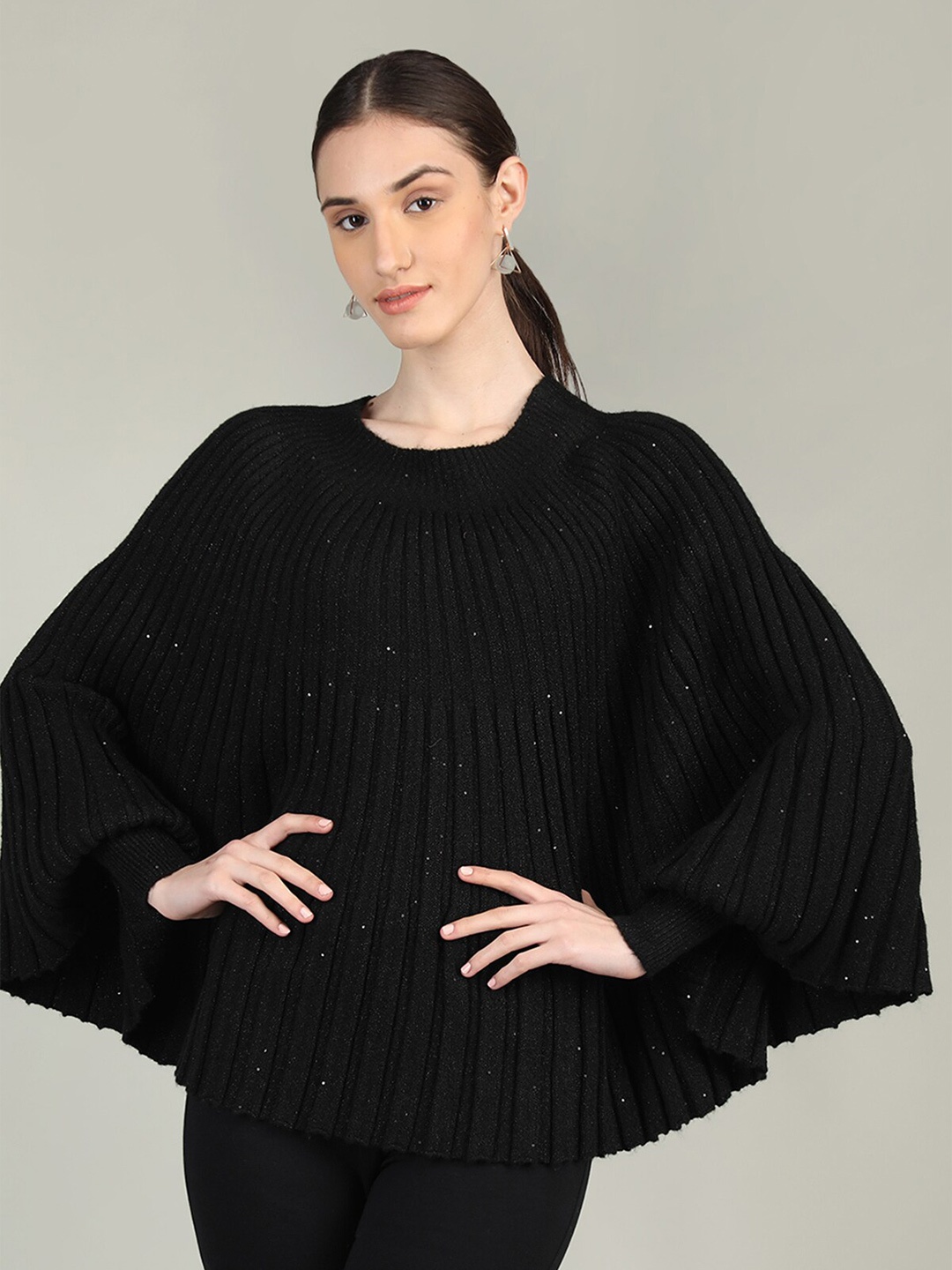 

Rage Ribbed Long Sleeves Acrylic Poncho, Black