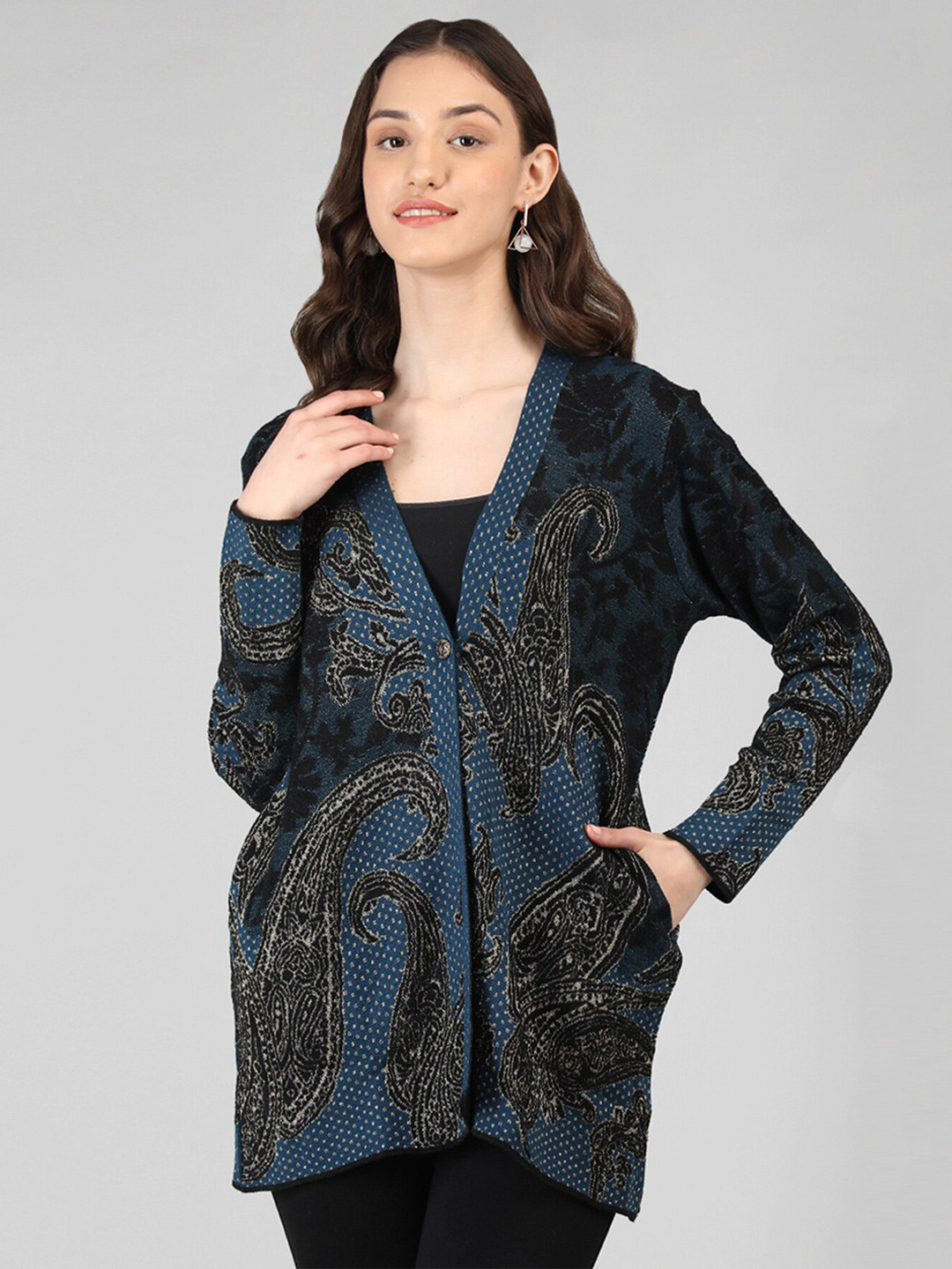

Rage Floral Printed Long Sleeves Acrylic Cardigan, Blue