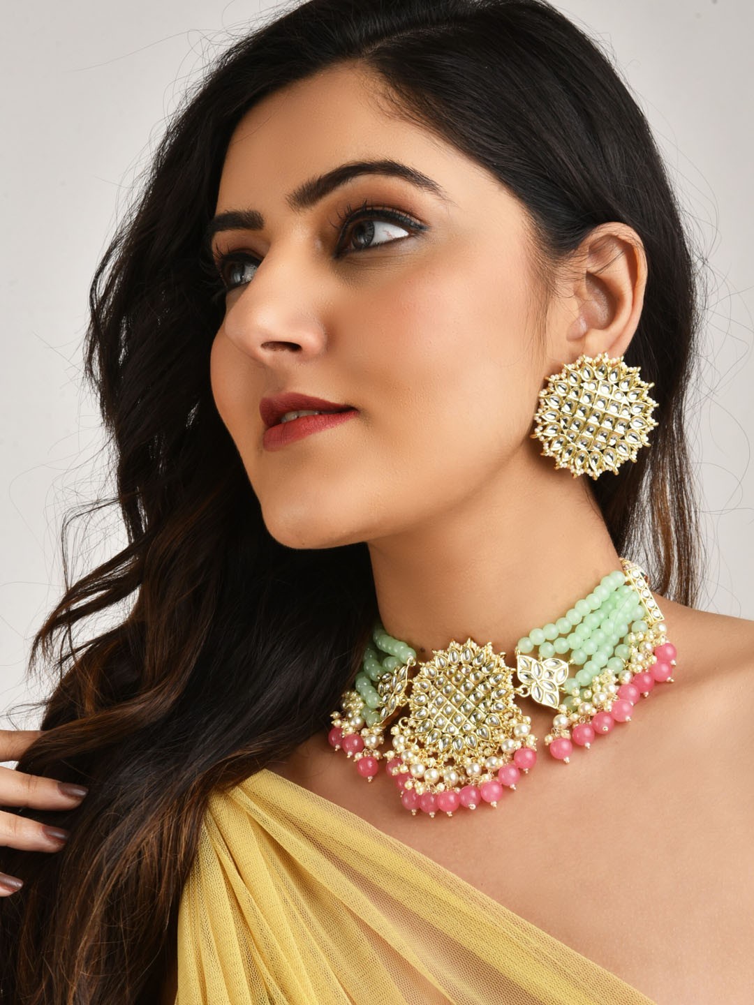 

LAIDA Gold-Plated Stone-Studded & Artificial Beaded Jewellery Set, Sea green