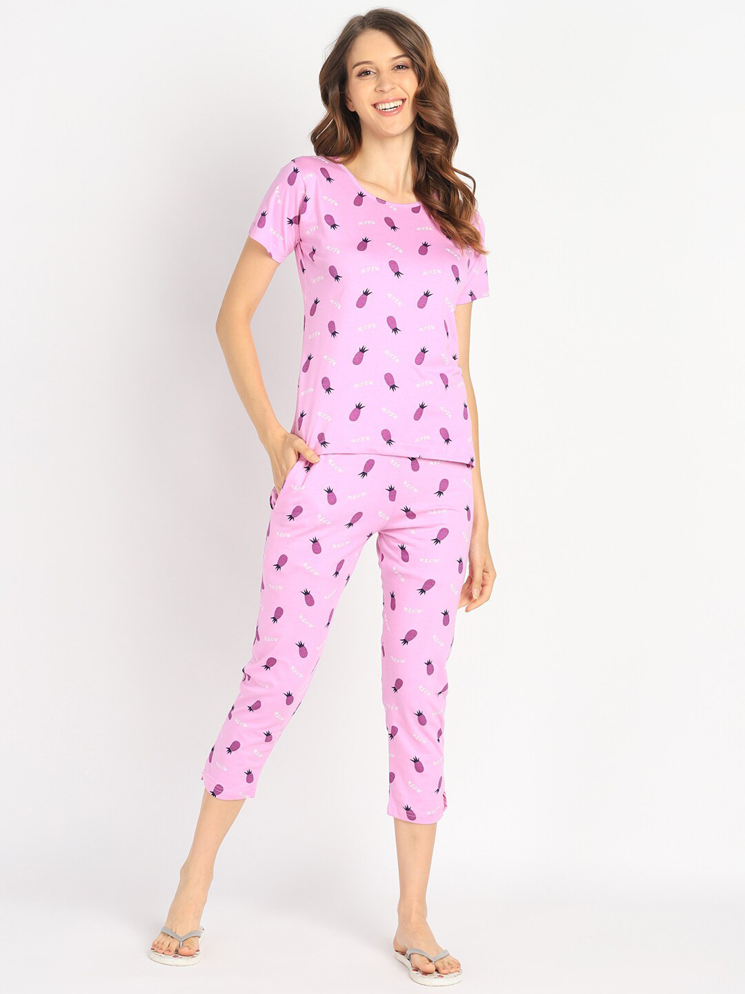 

VAHSON Printed Pure Cotton Top With Capris, Purple