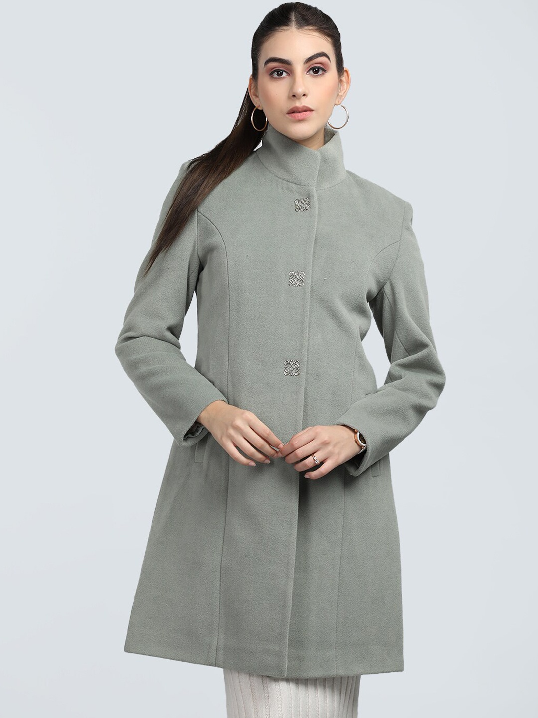 

PROTEX Textured Single Breasted Woollen Long Line Overcoat, Green