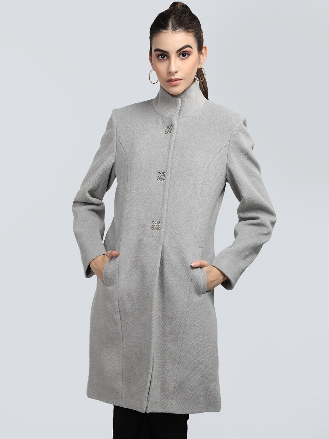 

PROTEX Mandarin Collar Longline Woolen Pea Coat, Grey