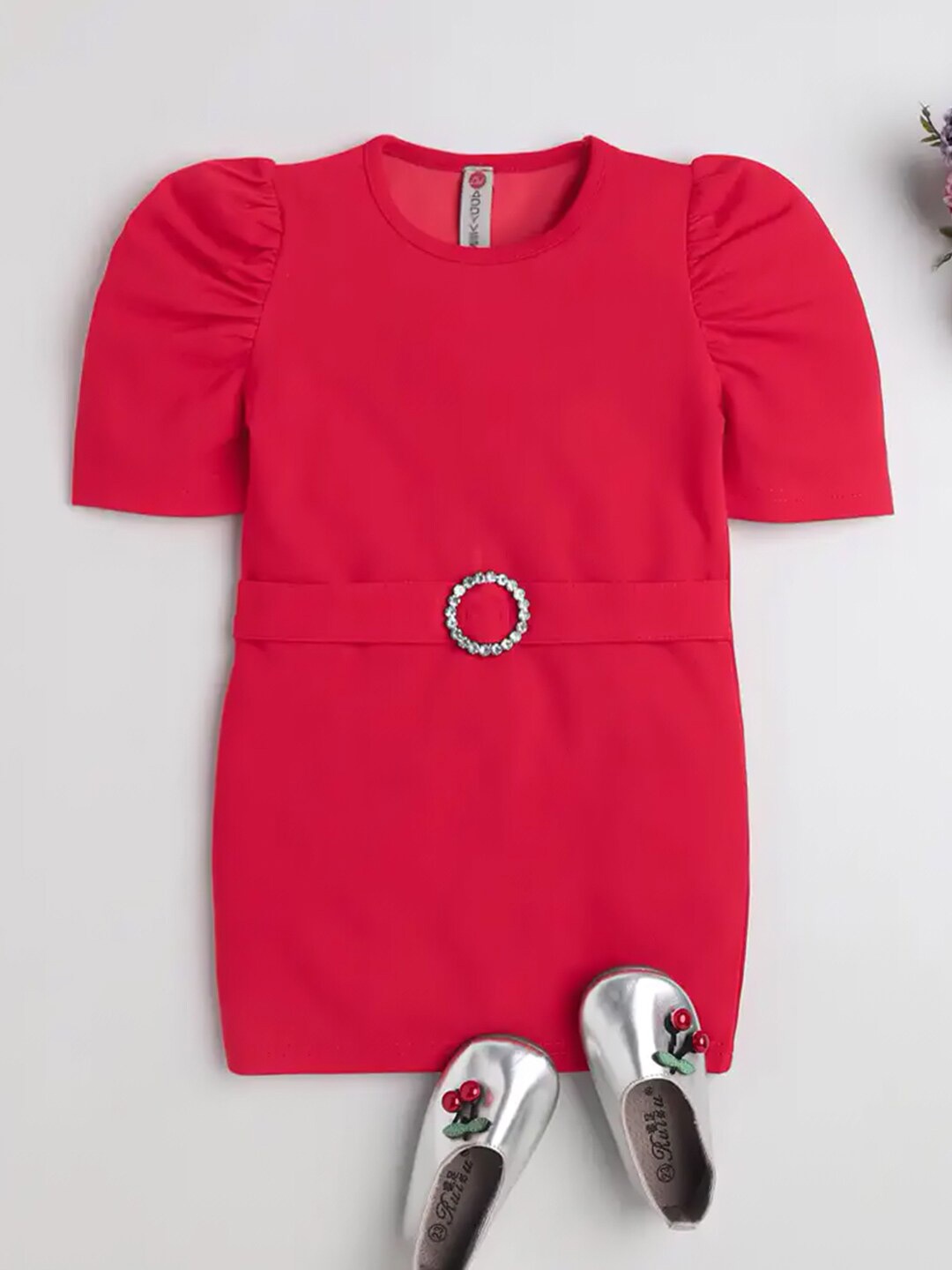 

ADDYVERO Girls Ruched Sleeve Embellished Belt Bodycon Dress, Red