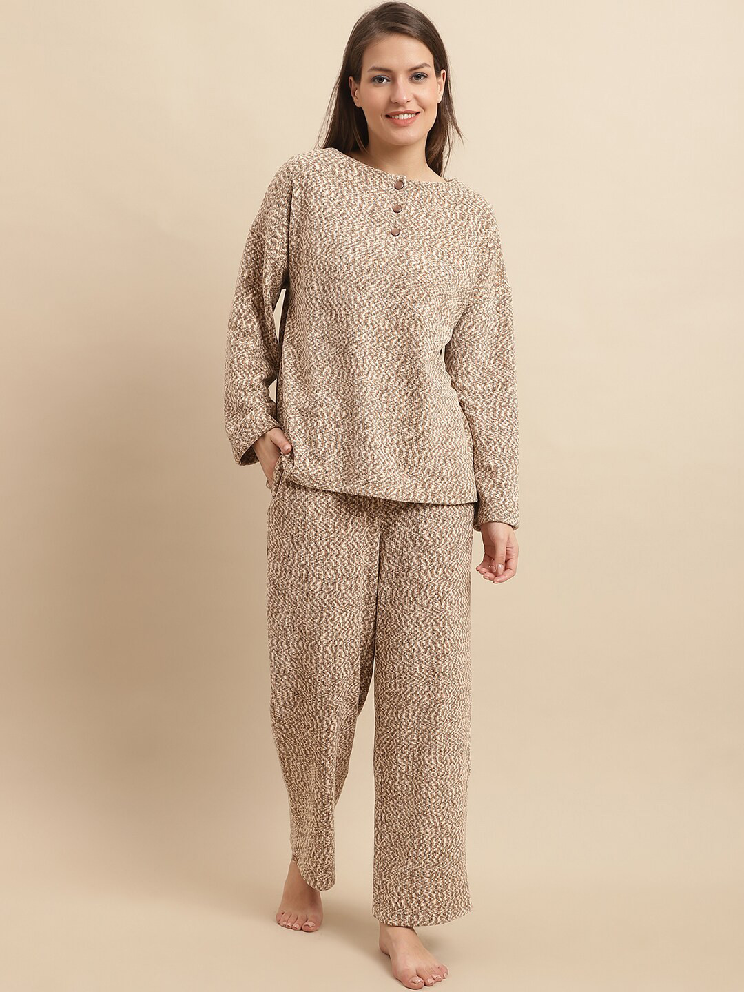 

Kanvin Printed Top And Pyjamas Night Suit, Beige