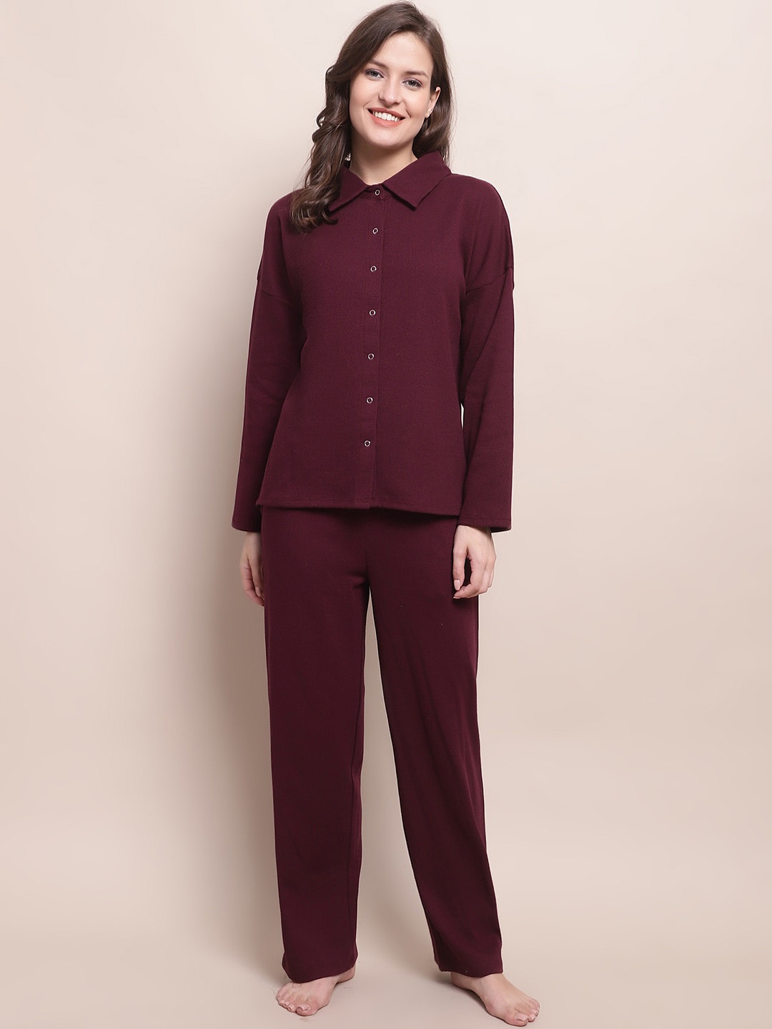 

Kanvin Maroon Shirt Collar Long Sleeves Shirt With Pyjamas